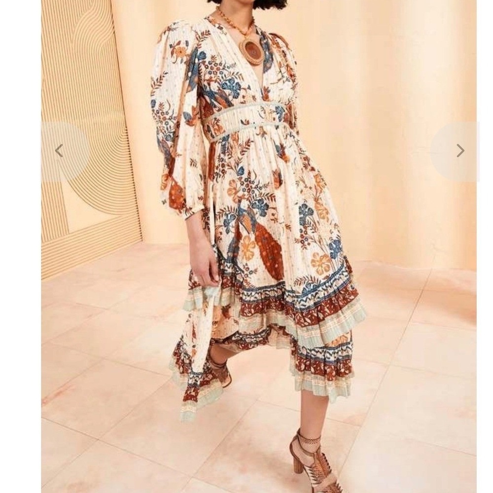Ulla Johnson Peacock Floral Tiered Ruffle Midi Dress Womens 2 Peach Multi